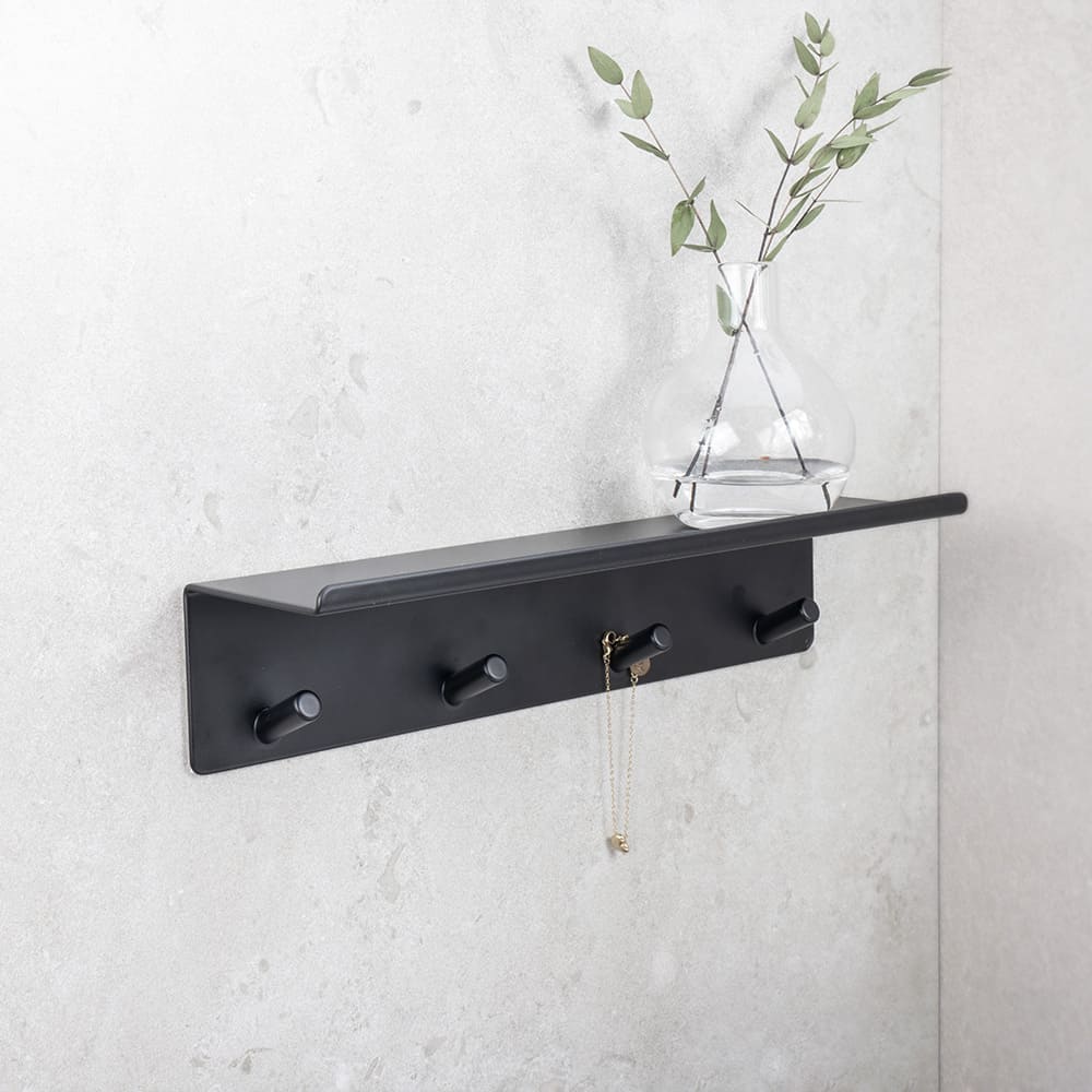 Etagère De Salle De Bain Avec Bande Á Crochets Base - Noir Mat
